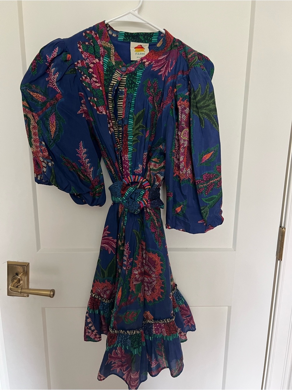 FARM Rio Navy Floral Puff-Sleeve Tie-Waist Kids Dress